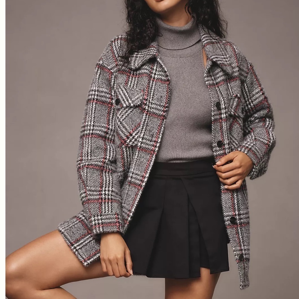 Anthropologie Greylin Plaid Fuzzy Knit Jacket Black White NWT